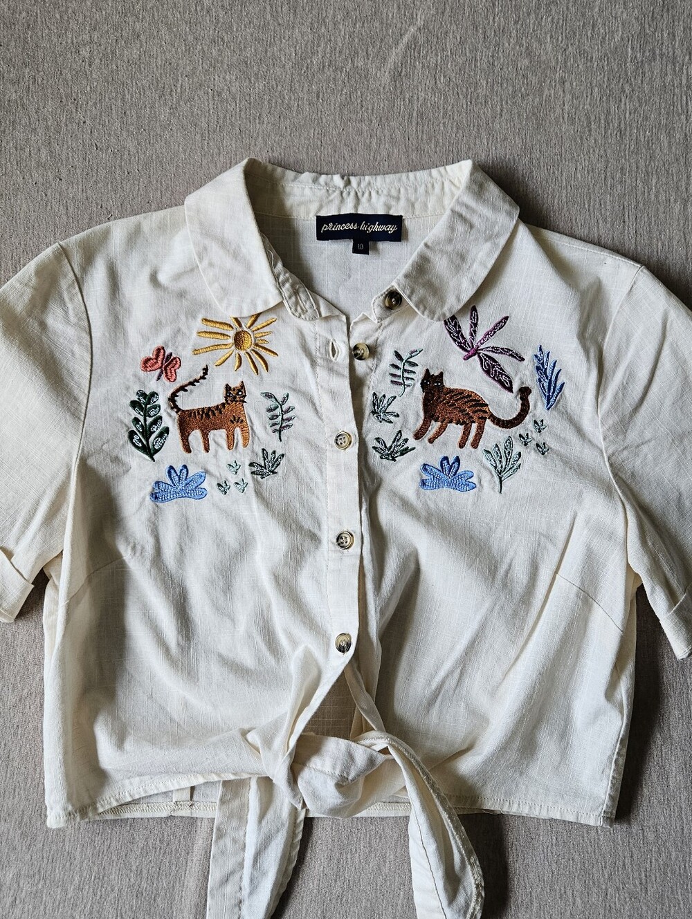 Princess Highway Cream Button-Down Top with Embroidered Cats